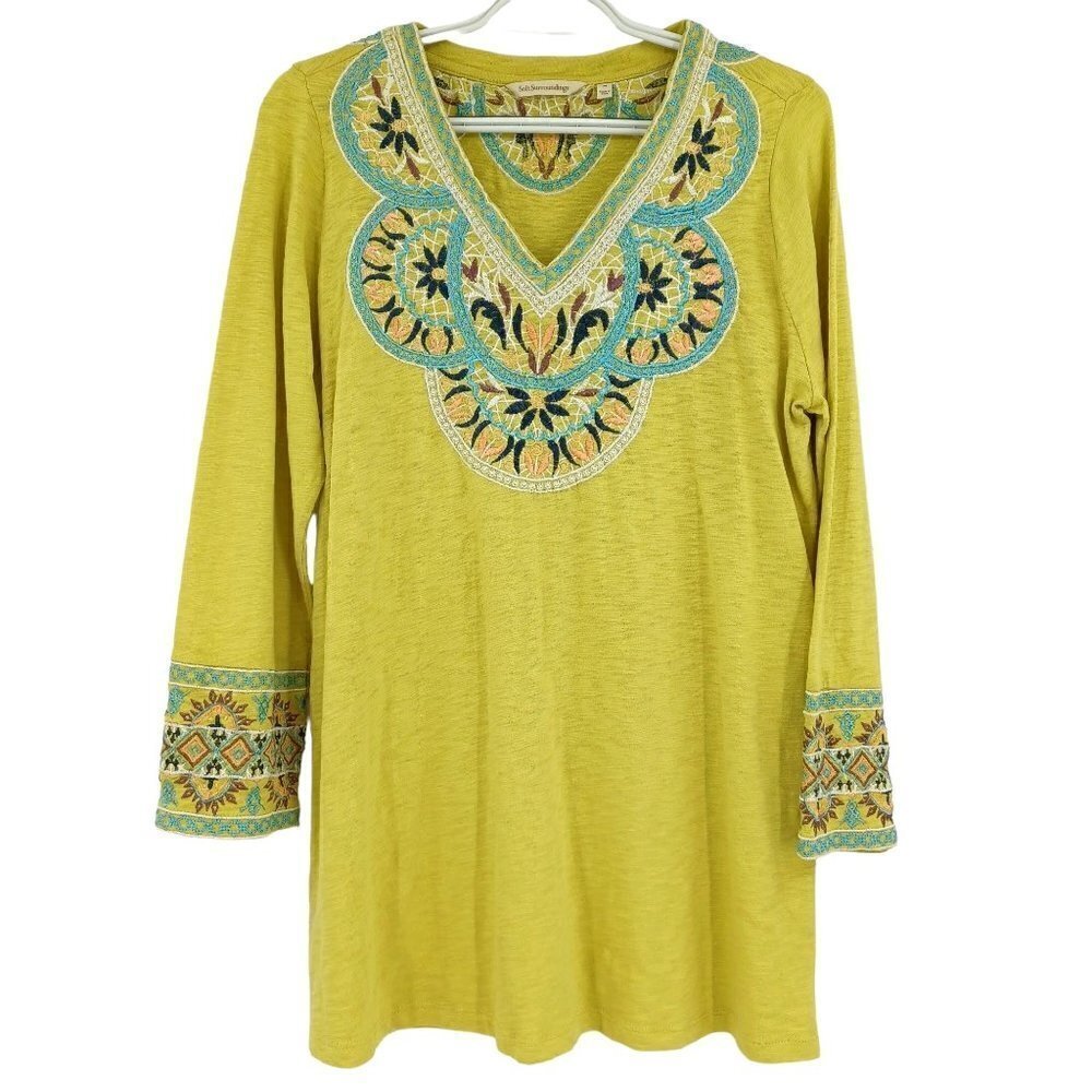 Soft Surroundings Sunrise Tunic Top In Lime Women's M Embroidered Boho Preppy